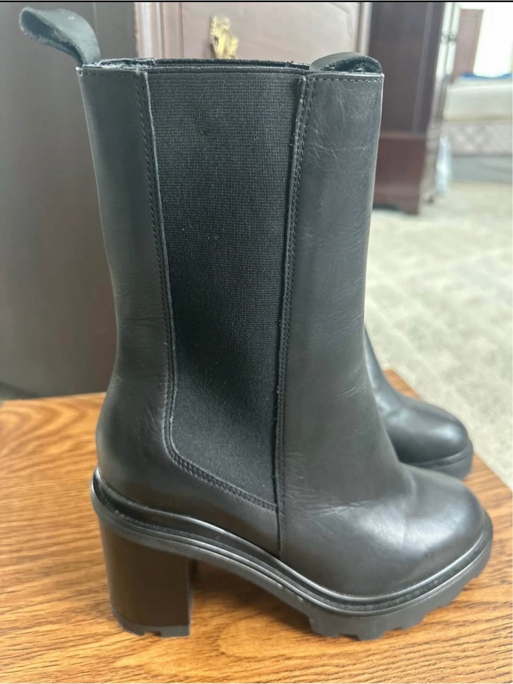 ANNABELLA WOMENS BLACK LEATHER PLATFORM HEELED MID CALF BOOT